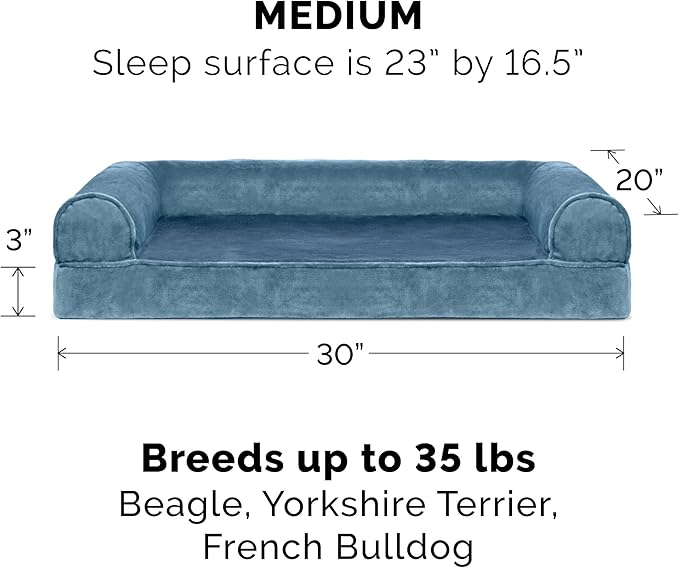 Furhaven Cooling Gel Dog Bed for Medium/Small Dogs w/ Removable Bolsters & Washable Cover, For Dogs Up to 35 lbs - Faux Fur & Velvet Sofa - Harbor Blue, Medium