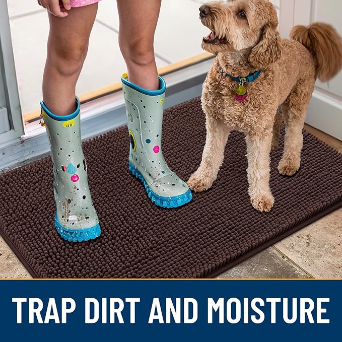 Smiry Dog Door Mat for Muddy Paws 70x24, Absorbs Moisture and Dirt Doormat, Non-Slip Washable Quick Dry Chenille Front Door Mat Indoor Entrance, Entryway Carpet for Inside Floor, Brown