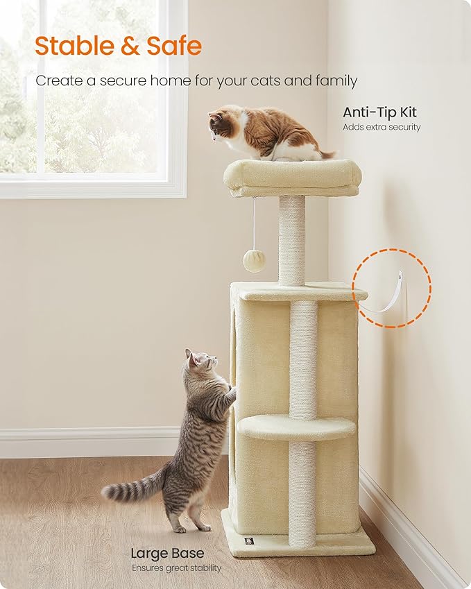 Feandrea Cat Tree Tower with 2 Caves for Multi-Cat Households, Kittens, Scratching Posts, Sand Beige UPCT005Y01
