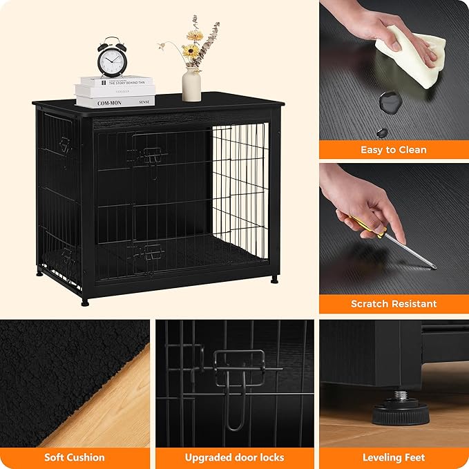 DWANTON Dog Crate Furniture with Cushion, Wooden Kennel Table with Double Doors, Indoor Dog House, Medium Size, 32.5" L, Black