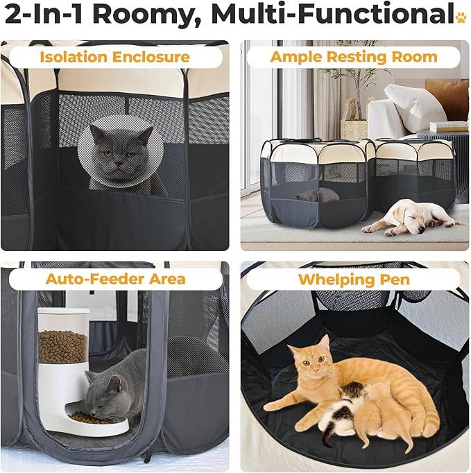 EighteenTek 2-in-1 Pop Up Cat Playpen XLarge, Dog Puppy Pet Playpen, Indoor Outdoor Cats Enclosed, Cat Tent House Crate Cage, Portable & Foldable Playpen for Kittens(No Divider, Unified Space)