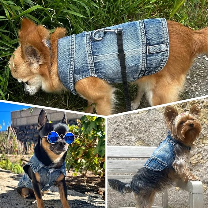 Puppy Clothes for Small Dogs Boy,Classic Western Denim Dog Coat,Dog Jeans Jacket with Leash D-Ring,Pet Cat Costumes,Cooling Harness Vest for Walking (Blue, Small)