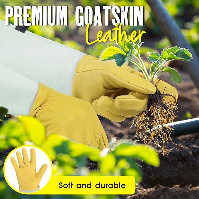 HANDLANDY Rose Gloves for Men & Women, Long Leather Gardening Gloves Thorn Proof, Best Garden Gifts & Tools for Gardener (Yellow-beige, Large (Pack of 1))