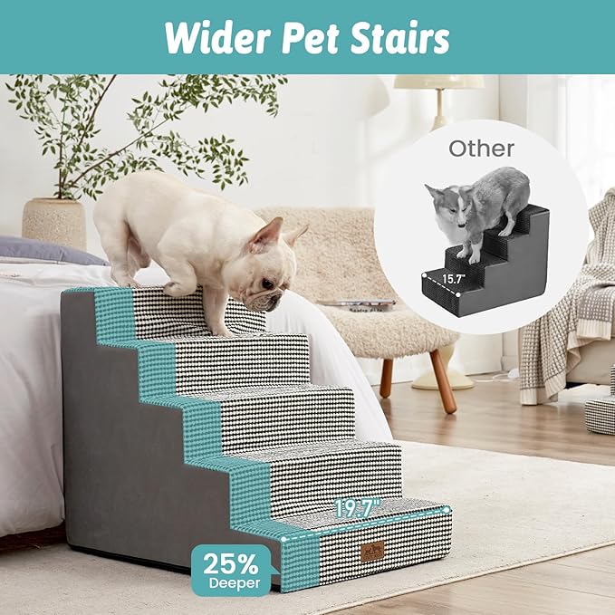 Dog Stairs for Small Dogs, 5 Tier Wider Pet Stairs for High Beds, 23.6" H Non-Slip Dog Steps for Old Cats, Puppies, Small Medium Dogs, 29.5x19.7x23.6 inch, White Black