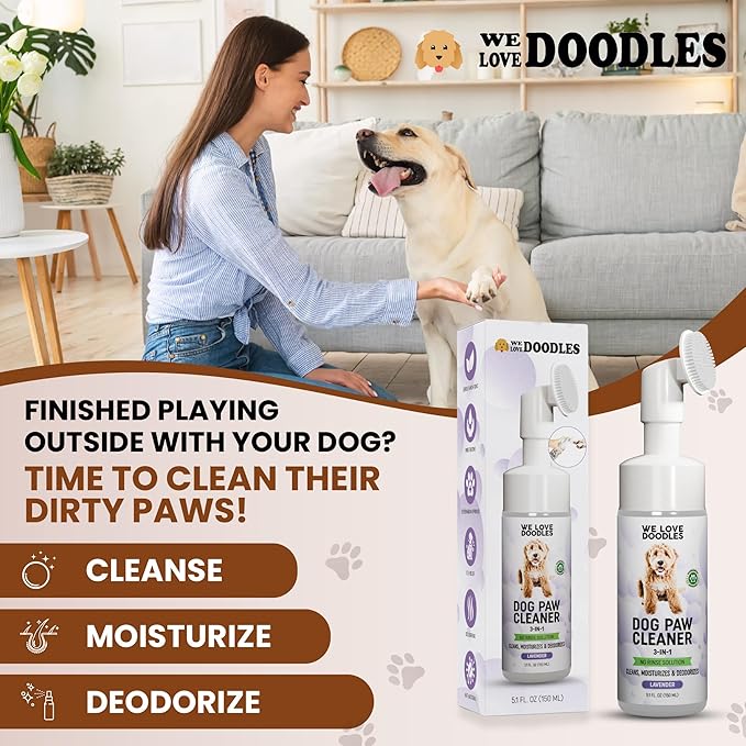 Dog Paw Cleaner (Over 100+ Feet Cleanings) No-Rinse Dog Foot Washer, Gentle and Safe Paw Cleaner for Dogs and Cats, Foam Formula, Moisturizes and Deodorizes, 150mL (Lavender) [We Love Doodles]