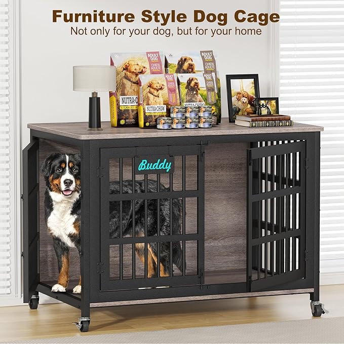 EasyCom 48"/42"/33" XXL Dog Crate Furniture with Casters, Heavy Duty Dog Kennel Indoor for Large Dogs, Escape-Proof and Chew-Proof Dog Cage for high Anxiety Dog, Decorate House as TV Stand, End Table
