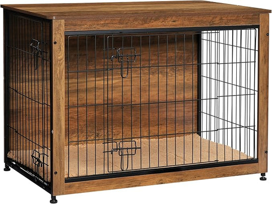 DWANTON Dog Crate Furniture with Cushion, Wooden Kennel Table with Double Doors, Indoor Dog House, Large Size, 38.5" L, Warm Brown