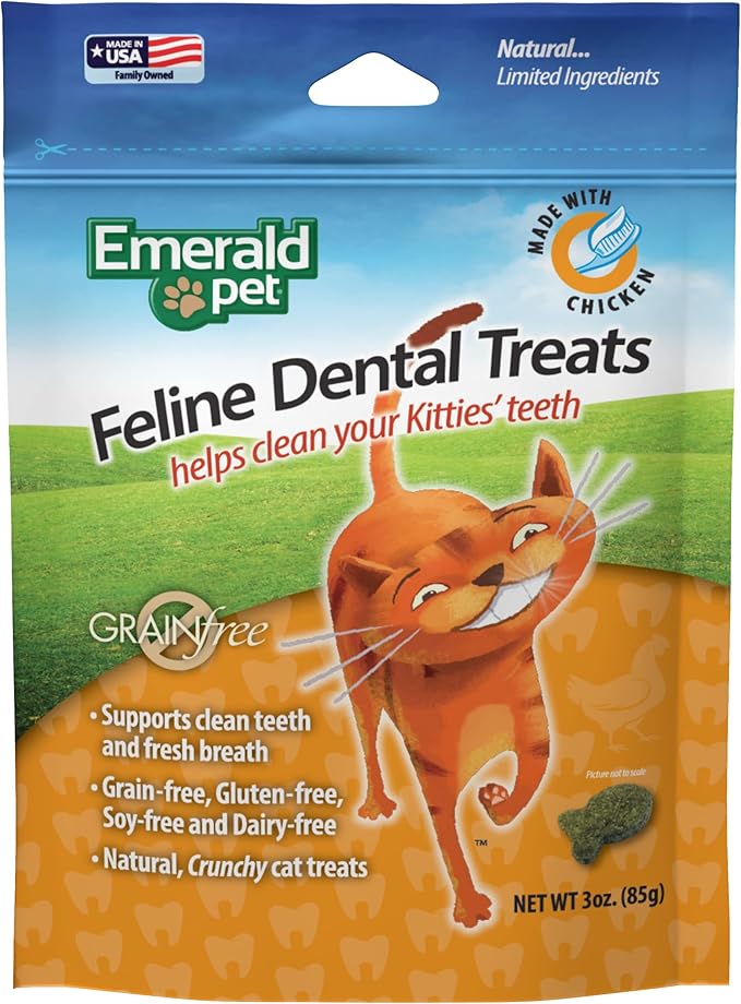 Feline Dental Treats — Tasty and Crunchy Cat Dental Treats Grain Free — Natural Dental Treats to Clean Cat Teeth, Freshen Cat Breath, and Reduce Plaque and Tartar Buildup — Chicken Treats, 3 oz