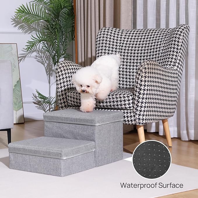 Foldable Dog Stairs/Steps 2-Tier Pet Steps Storage and Adjustable Steps for Small Medium Dogs Pet Steps Storage Stepper for High Beds Sofa Pet Dog Cat (2 Step-Light Grey)