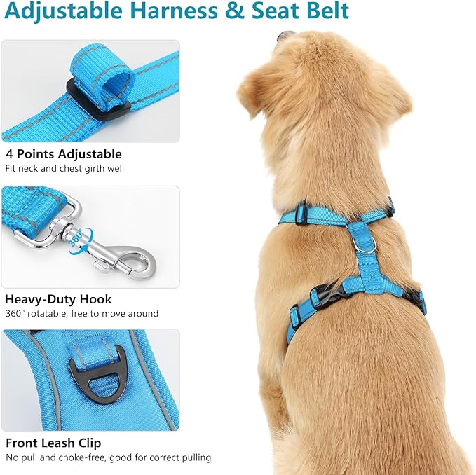 Dog Seat Belt Harness for Car, Dog Car Harness Adjustable Mesh Breathable & Dogs Seatbelt Safety Tether with Elastic Bungee for Small Medium Large Pets(Blue, S)