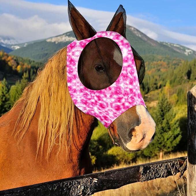 Frienda 4 Pieces Horse Fly Masks with Ears Face Covering UV Protection from Insect Pests Elasticity Smooth Comfortable Mesh Horse Mask Accessories(Tie-dye,Medium)
