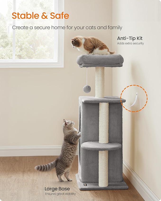 Feandrea Cat Tree Tower with 2 Caves for Multi-Cat Households, Kittens, Scratching Posts, Light Gray UPCT005G01