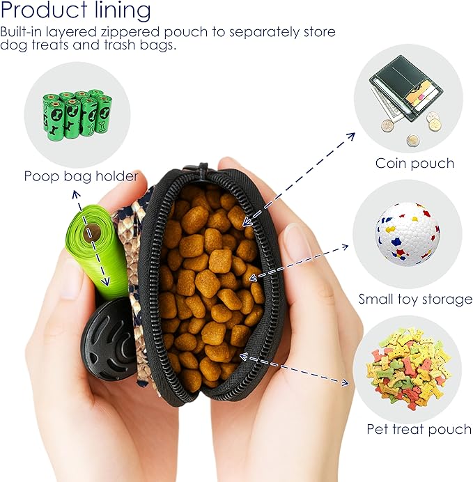 Dog Treat Pouch for Pet Walking and Training with Clicker Poop Bags and Double Bag Design Small Fanny Zipper Pack Holder for Puppy Snack Dispenser Kit for Leash and Outdoor Use Snake Skin