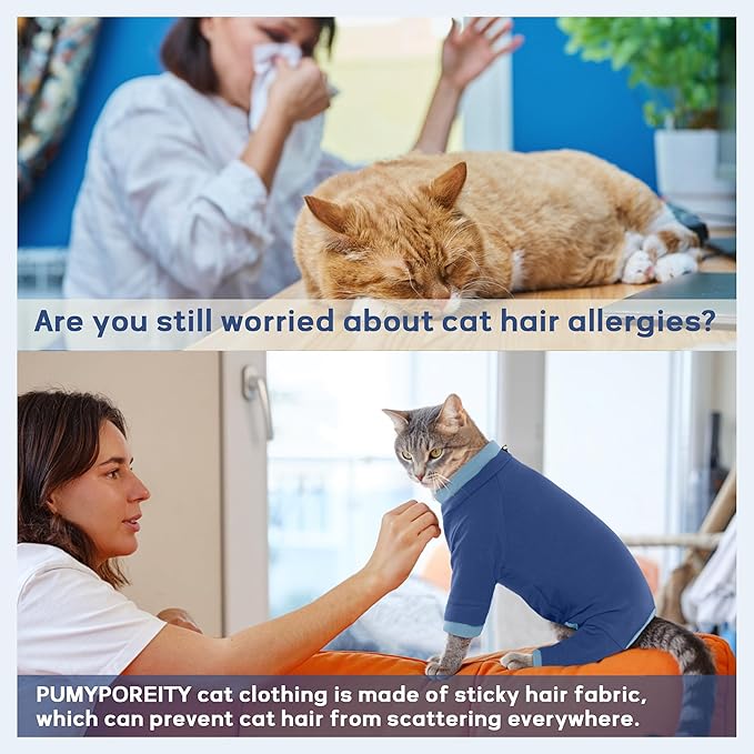 PUMYPOREITY Cat Recovery Suit, Stops Wound Licking After Surgery, Sticky Hair Shirt with Sticky Fabric, Cat Pajamas Prevents Over-Grooming, Blue, XS