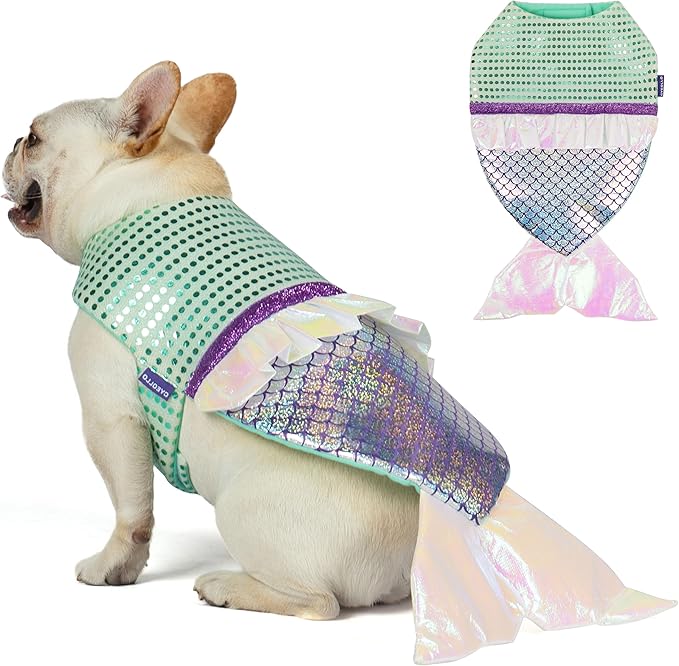 cyeollo Dog Mermaid Costume for Small Dogs Funny Dog Halloween Outfit Holiday Birthday Party Cosplay Pet Clothes Sparkly Pet Costumes, Size M