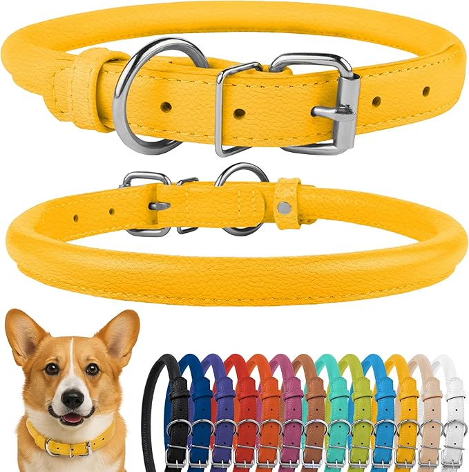 CollarDirect Rolled Leather Dog Collar, Soft Padded Round Puppy Collar, Handmade Genuine Leather Collar Dog Small Large Cat Collars 13 Colors (13-16 Inch, Pink Textured)