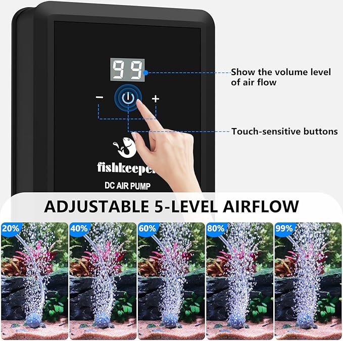 fishkeeper Aquarium Air Pump, 12W 320GPH Ultra Quiet Fish Powerful Fish Tank Air Pump with Four Outlet Adjustable Oxygen Aerator Pump with Air Stone Bubbler for 30-600 Gallon Tanks