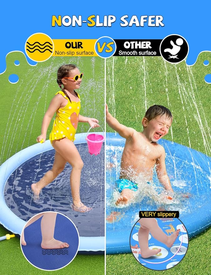 VISTOP Non-Slip Splash Pad for Kids and Dog, Thicken Sprinkler Pool Summer Outdoor Water Toys - Fun Backyard Fountain Play Mat for Baby Girls Boys Children or Pet Dog (77 inch, Blue&Blue)