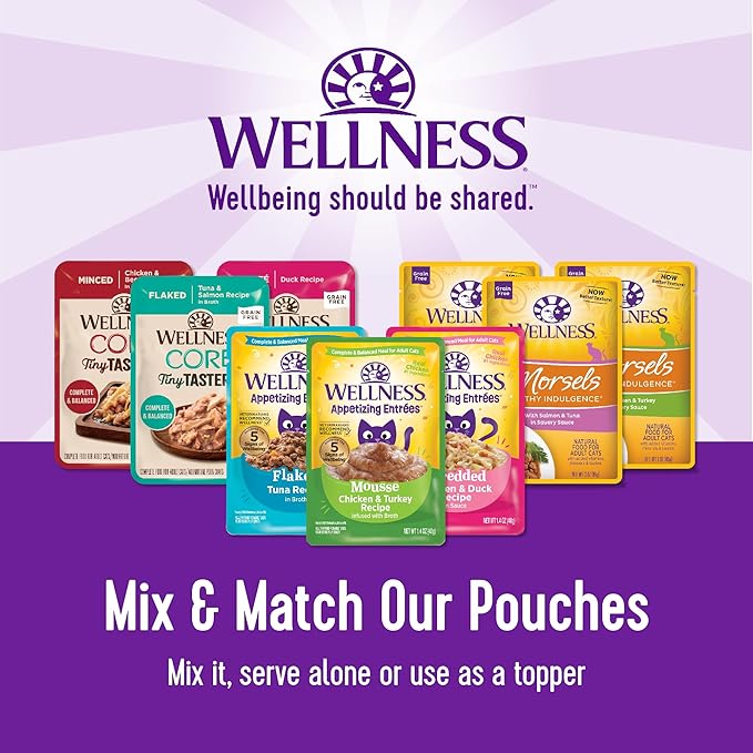 Wellness Healthly Indulgence Morsels Adult Wet Cat Food, Natural, Protein-Rich, Grain Free, 3 Ounce Pouch, 24 Pack, (Tuna)