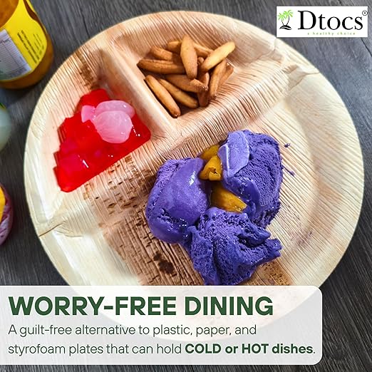 Dtocs 3 Compartment Plates (50 Pc) Palm Leaf 10 Inch Round Portion Control Buffet Sectional Plate | Bamboo Plates Disposable Like Compostable Camping Dinnerware Stronger than Divided Paper, Styrofoam