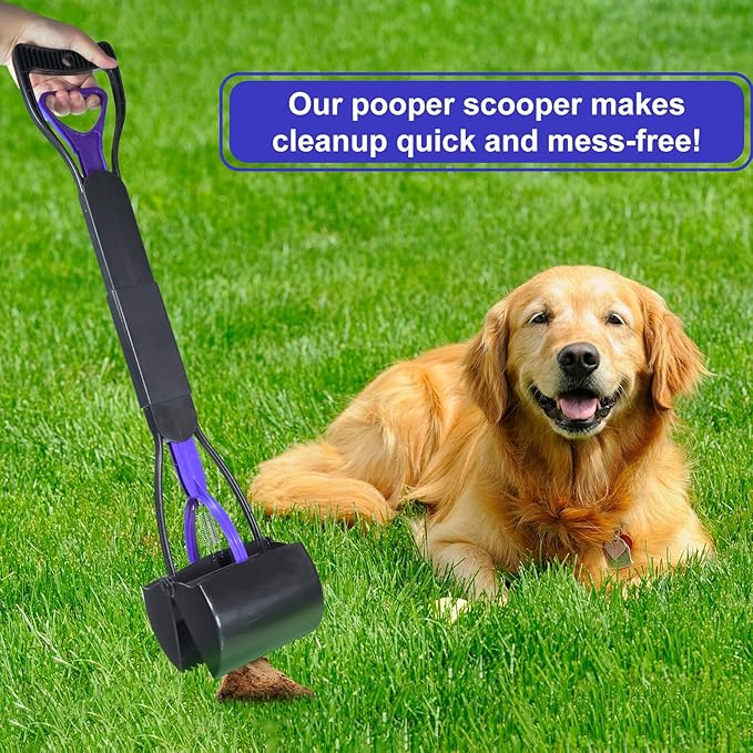Pooper Scooper with Bags, 28" Long Handle Dog Poop Scooper for Large Medium Small Dogs, Durable Spring and High Strength Material Foldable Waste Pickup Tool for Easy Grass and Gravel Pick Up, Blue