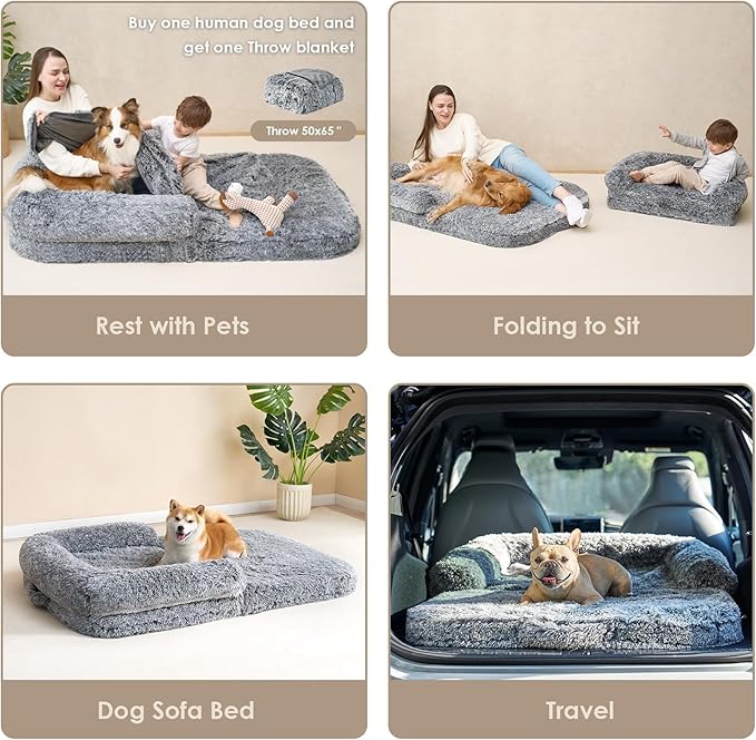 EHEYCIGA Foldable XL Dog Bed, Faux Fur Fluffy Pet Couch Bed for Large Dogs, Orthopedic Calming Memory Foam Big Pet Bed, Washable Soft Pet Sofa Bed with Non-Slip Bottom, Grey, 46"x34"x6.5"