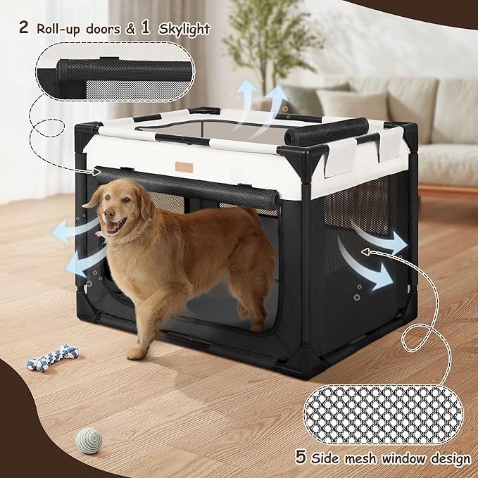 Dog Crate - Soft Pet Kennel for Dogs/Cats, 3-Door Breathable Travel Cage with Mesh Window, Portable Dog Kennel for Indoor & Outdoor，Black-M