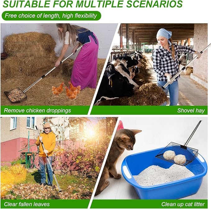 10inch Large Metal Chicken Poop Scooper, 36" to 75" Long Chicken Coop Litter Scoop with Stainless Steel Adjustable Handle, 4 in 1 Detachable Litter Sifting Shovel Scoop for Chicken Coop Accessories