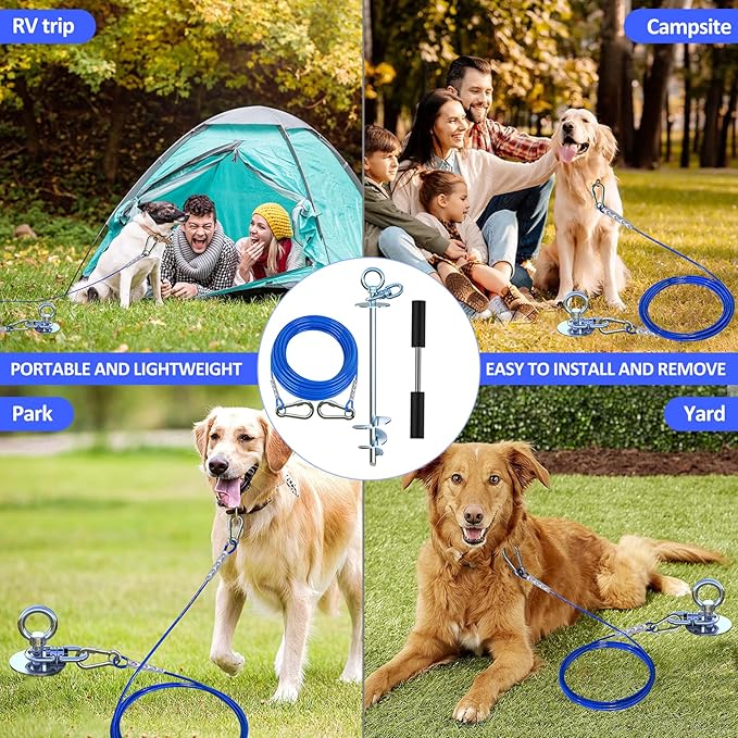 TOPKNOT Dog Tie Out Cable and Stake,20FT Heavy Duty Cable,360°Swivel Dog Run- No Tangle,Runner for Yard - Up to 200LBS,Chain for Yard Ideal for Outdoor Camping