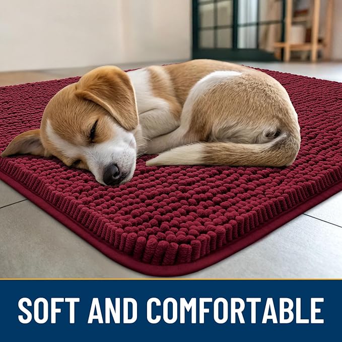 Smiry Dog Door Mat for Muddy Paws 47x24, Absorbs Moisture and Dirt Doormat, Non-Slip Washable Quick Dry Chenille Front Door Mat Indoor Entrance, Entryway Carpet for Inside Floor, Burgundy
