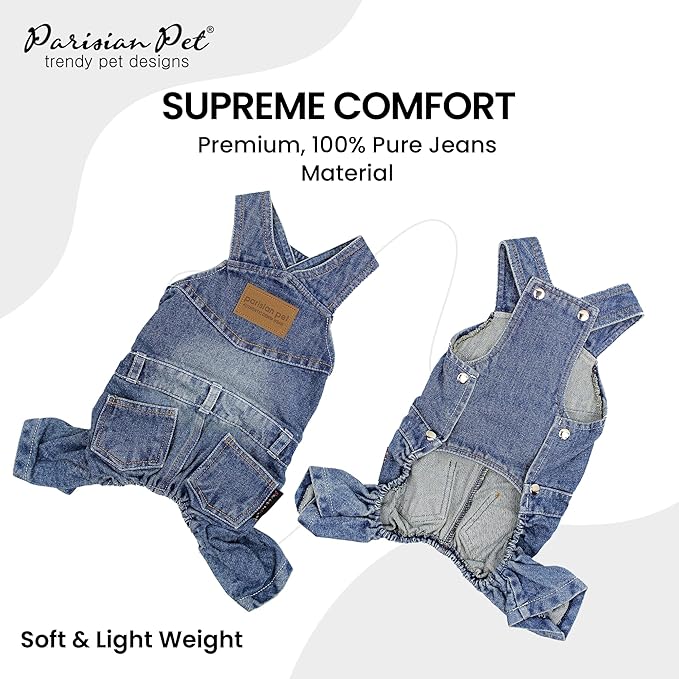 Parisian Pet Denim Overall - Blue Dog Jeans Outfit - Breathable Puppy Jumpsuit Costumes - Machine Washable Overall for Dogs - Dog Clothes for Large Dogs - XL