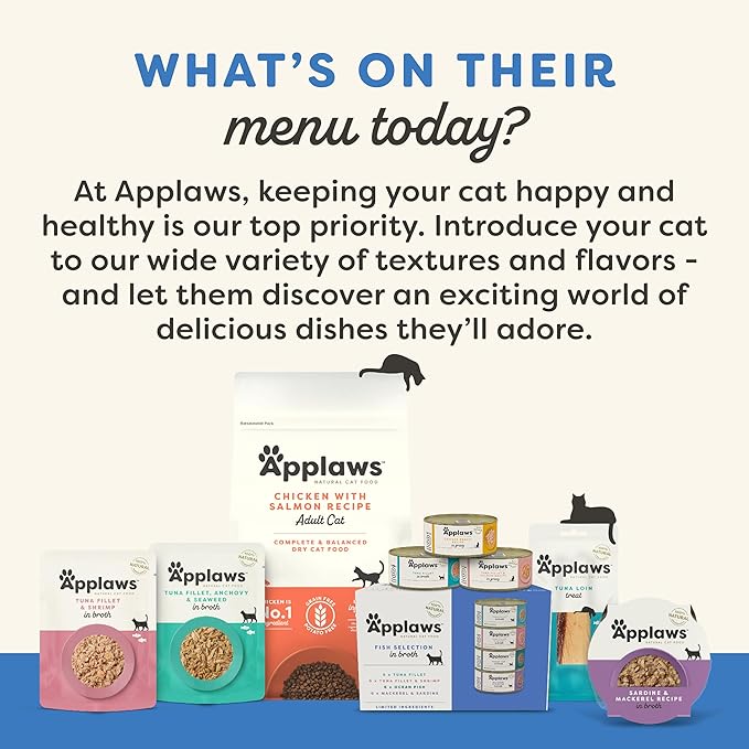 Applaws Natural Wet Cat Food in Broth, Limited Ingredient Canned Wet Cat Food, No Additives, Made with Natural Ingredients, Tuna Fillet & Shrimp in Broth (6 x 5.5oz Cans)