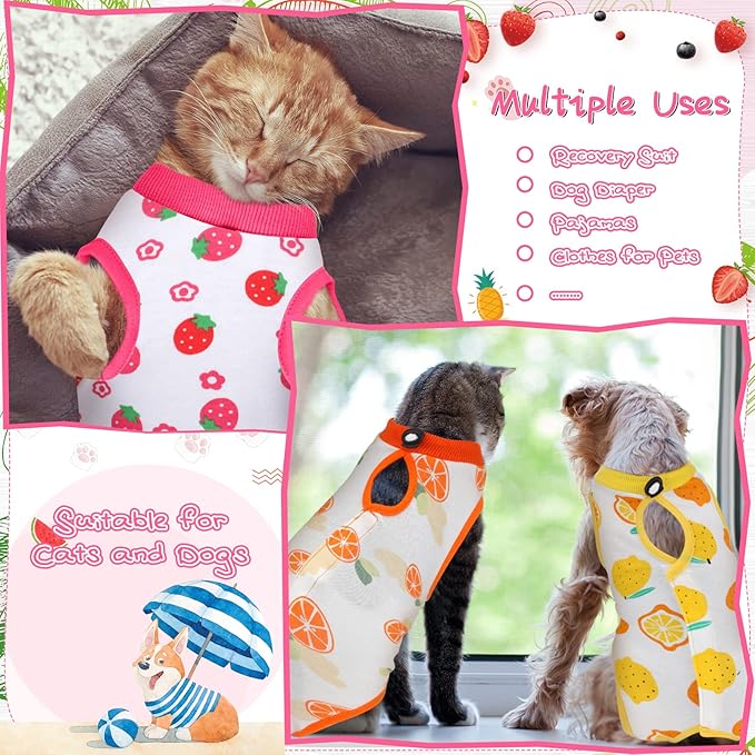 Nuanchu 3 Pieces Cat Recovery Suit Kitten Recovery Suit E-Collar Alternative for Cats and Dogs Abdominal Skin Anti Licking Pajama Clothes Sets(Fruit Pattern,Small)