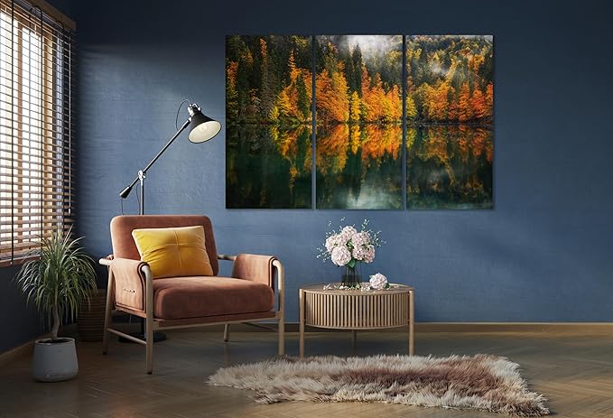 Nature Wall Art Prints - Ocean Forest Mountain Lake Canvas Landscapes - Small to Extra Large Living Room Bedroom Kitchen Bathroom Décor (Autumn by the Lake, 31L" x 47W" - 3 Panels)