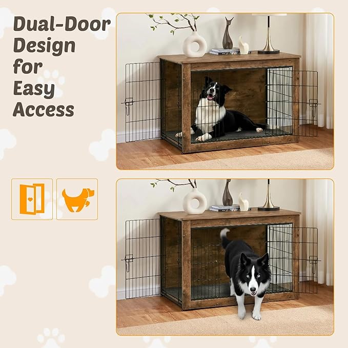 Dog Kennel Furniture, Wooden Dog Crate End Table, Heavy Duty Dog Crate, Decorative Pet Crate Dog Cage for Large Indoor Use (Rustic Brown) 39" L×26" W×27" H