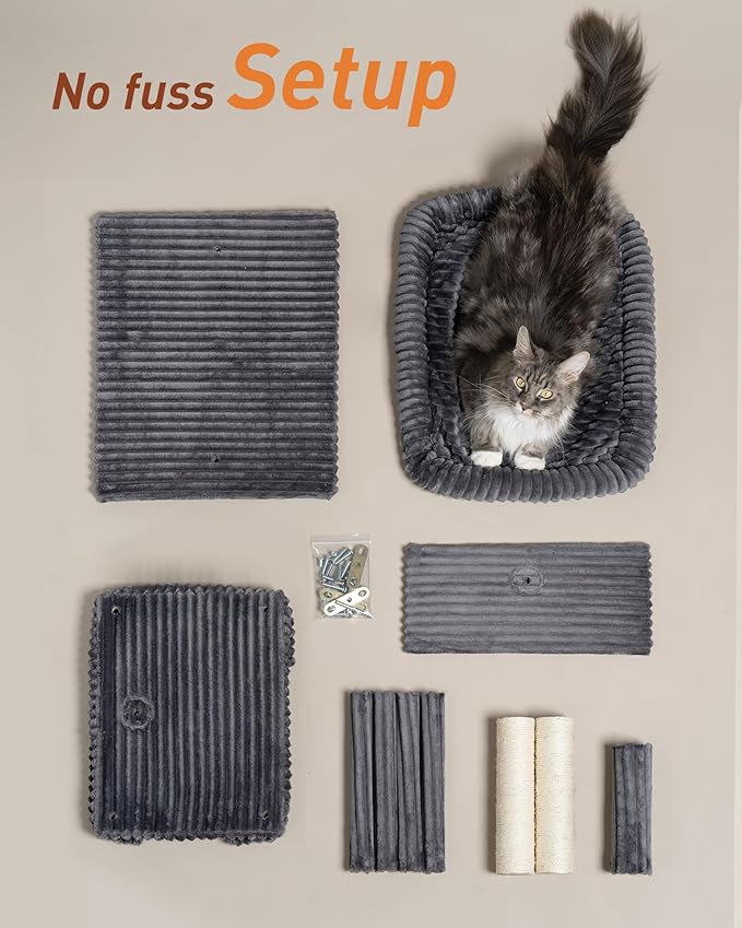 Cat Tree for Large Cat, 22.8” Cat Tower with Scratching Post, 20.9 * 15.7in Perch Bed for Adult Cats, Cat Condo with 2 Caves for Indoor Cats, Dark Gray