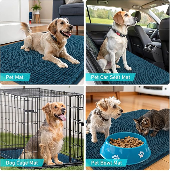 OLANLY Dog Door Mat for Muddy Paws 40x24, Absorbs Moisture and Dirt, Absorbent Non-Slip Washable Doormat, Quick Dry Chenille Mud Mat, Entry Indoor Entryway Carpet for Inside Floor, Atlantic Blue