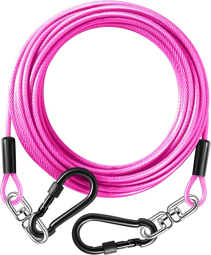 Dog Tie Out Cable 10FT-500Lbs,Heavy Duty Dog Leads&Tether for Yard with Swivel Hook,Small Large Dogs Leash Line for Outside,Rust Chew Proof Dogs Run Cable for Outdoor Camping(Pink, 10FT)
