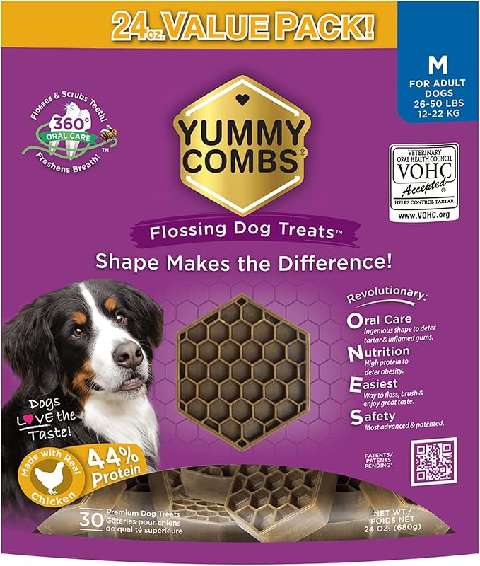 Dog Dental Treats – Vet VOHC Approved – Delicious Chicken Protein – Removes Tartar with Cleaning Comb Shape – Dental Dog Treats for Medium Dogs (24oz, 30 Count)
