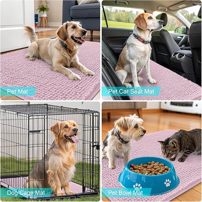 OLANLY Dog Door Mat for Muddy Paws 34x21, Absorbs Moisture and Dirt, Absorbent Non-Slip Washable Doormat, Quick Dry Chenille Mud Mat for Dogs, Entry Indoor Entryway Carpet for Inside Floor, Dusty Rose