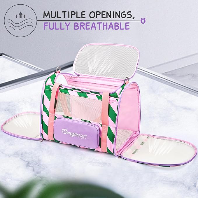BurgeonNest Cat Carrier, Dog Cat Carriers for Large Medium Cats Under 20 lbs, Soft Sided Pet Carrier, Collapsible Travel Carry Puppy Kitten Cat Carrier with Big Side Bag (Medium, Pink-Green)