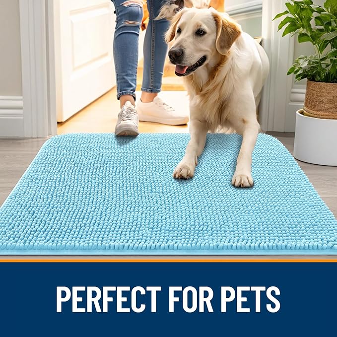 OLANLY Dog Door Mat for Muddy Paws 48x30, Absorbs Moisture and Dirt, Absorbent Non-Slip Washable Doormat, Quick Dry Chenille Mud Mat for Dogs, Entry Indoor Entryway Carpet for Inside Floor, Blue