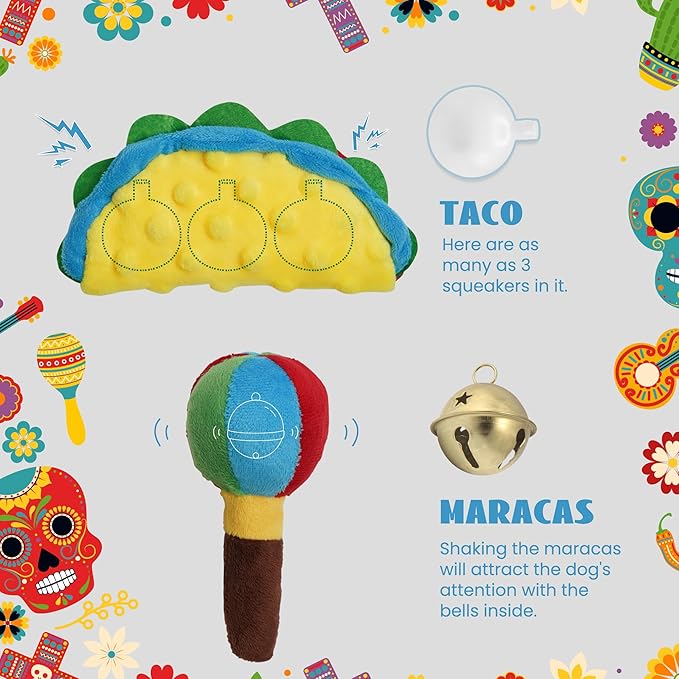 Nocciola Mexican Style Squeaky Dog Toys, Cute Soft Plush Stuffed Crinkle Chew Puppy Toys for Small Medium Breed, 8 Packs