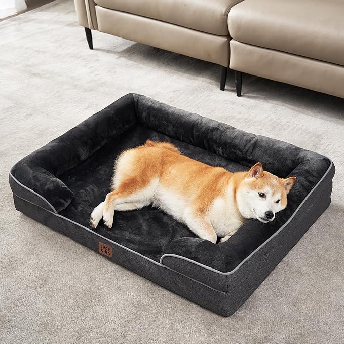 EHEYCIGA Orthopedic Dog Beds for Extra Large Dogs, Waterproof Memory Foam XL Pet Bed with Sides, Non-Slip Bottom and Egg-Crate Foam Big Dog Couch Bed with Washable Removable Cover, Dark Grey