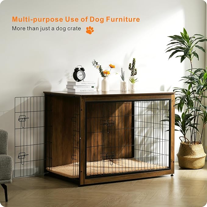 DWANTON Dog Crate Furniture with Cushion, Wooden Kennel Table with Double Doors, Indoor Dog House, Extra Large, 43.3" L, Warm Brown