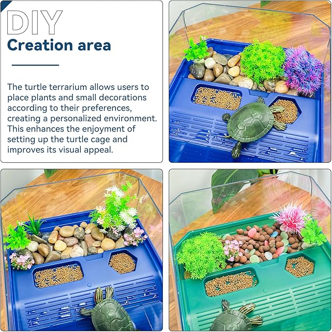Aquatic Turtle Tank Habitat Kit Stone+Filter+Heat Lamp Enhancing Interaction with 360° Viewing, Standalone Filtration, DIY Creative Zone, Enriched Living (Green, XL[Without Light])
