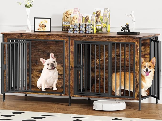 EasyCom 63" Dog Cage Furniture for 2 Pets with Divider, XL Wooden Double Dog Crate Furniture TV Stand for Mideum Breed, Durable and Sturdy