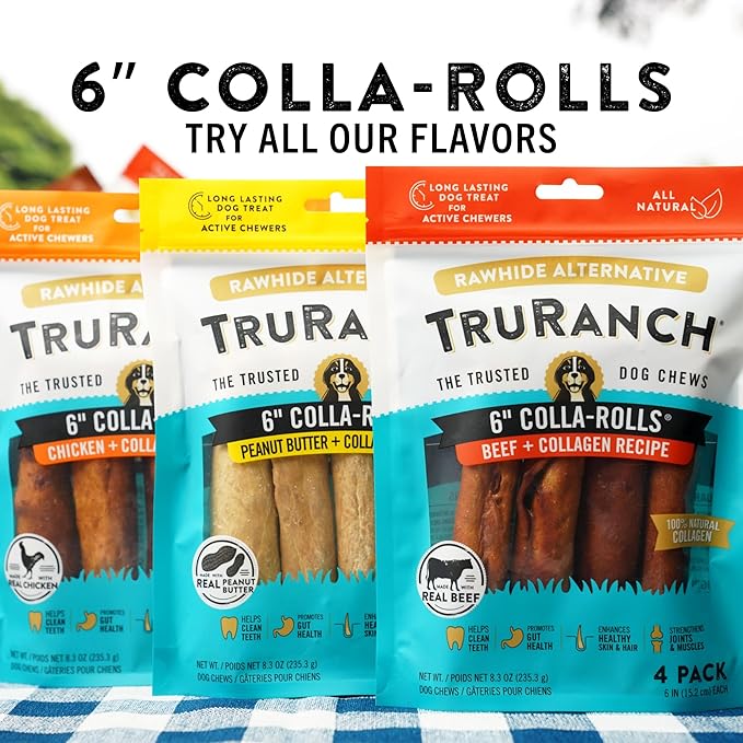 Collagen Rolls - 6" Collagen Rolls for Dogs - Long Lasting Healthy Joint Support - Rawhide Alternative - Skin & Coat Health - Made with Real Peanut Butter, Value Pack, 15 Bags, 60 Count