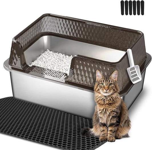 Suhaco Stainless Steel Litter Box Side Entry, Kitty Litter Mat and White Scoop Included Covered Metal High Sided Extra Large Cat Litter Box with Lid Removable Enclosure for Medium Cats (Tall Black)