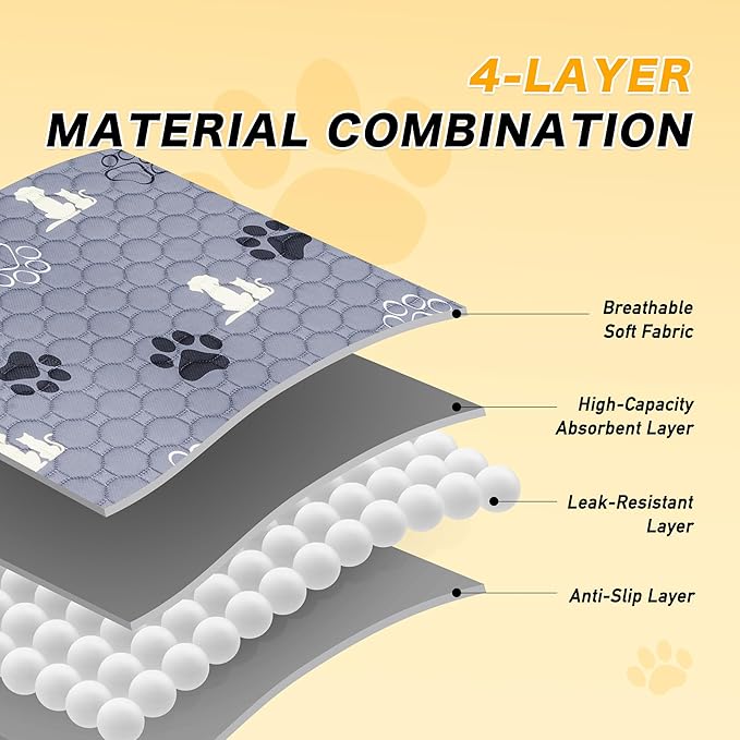 Washable Pee Pads for Dogs, 4 Pack Reusable Puppy Pads, Waterproof Pet Pee Pads for Dog Potty Training, Extra Large Dog Pee Pads for Crate, Playpen, and Whelping, Durable and Absorbent, Grey 18"x24"